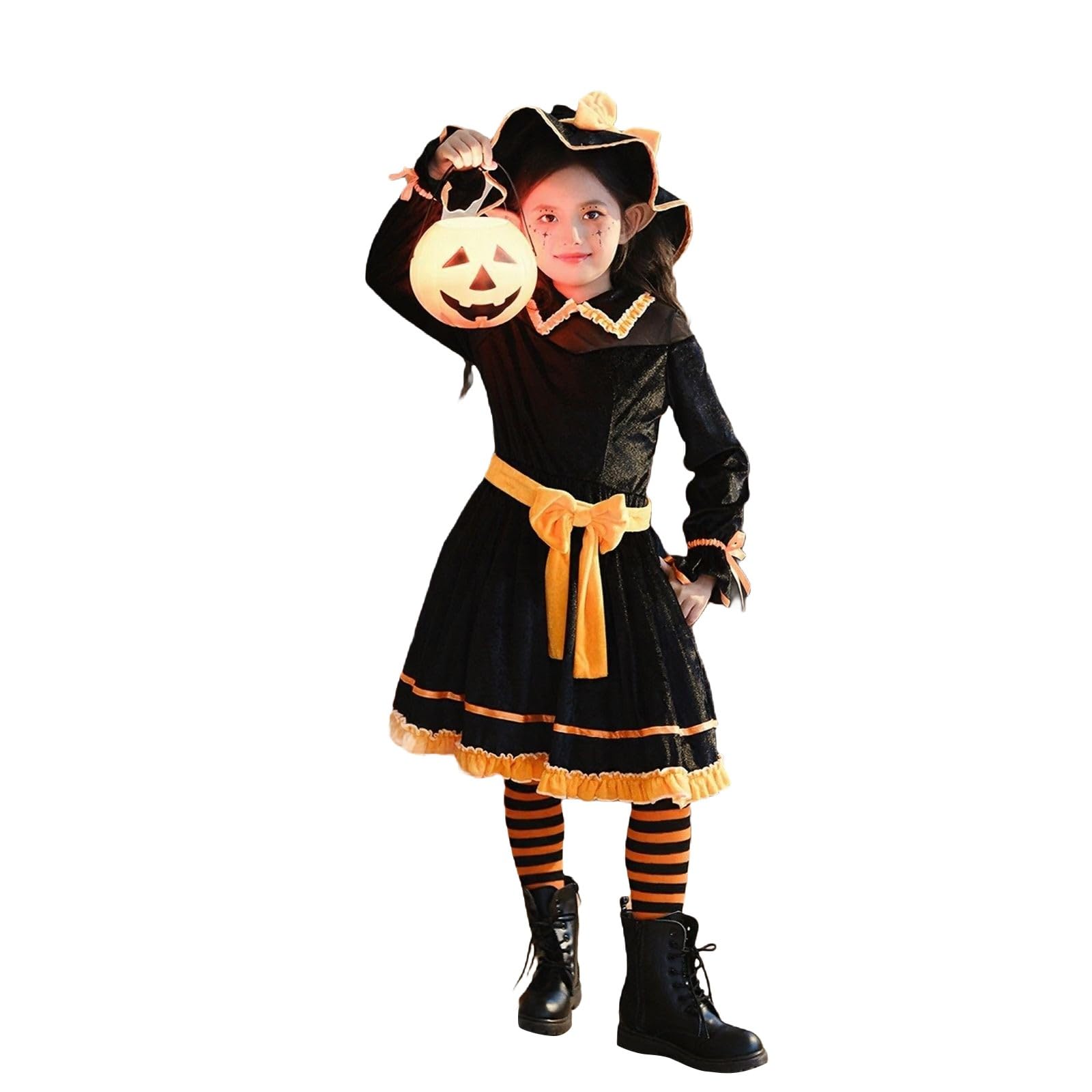 Costume di Halloween per bambini, set da strega, per cosplay, 6-16 anni | Set di quattro pezzi con vestito, cappello, mantello e scopa, finiture in pizzo, per carnevale e spettacoli scolastici