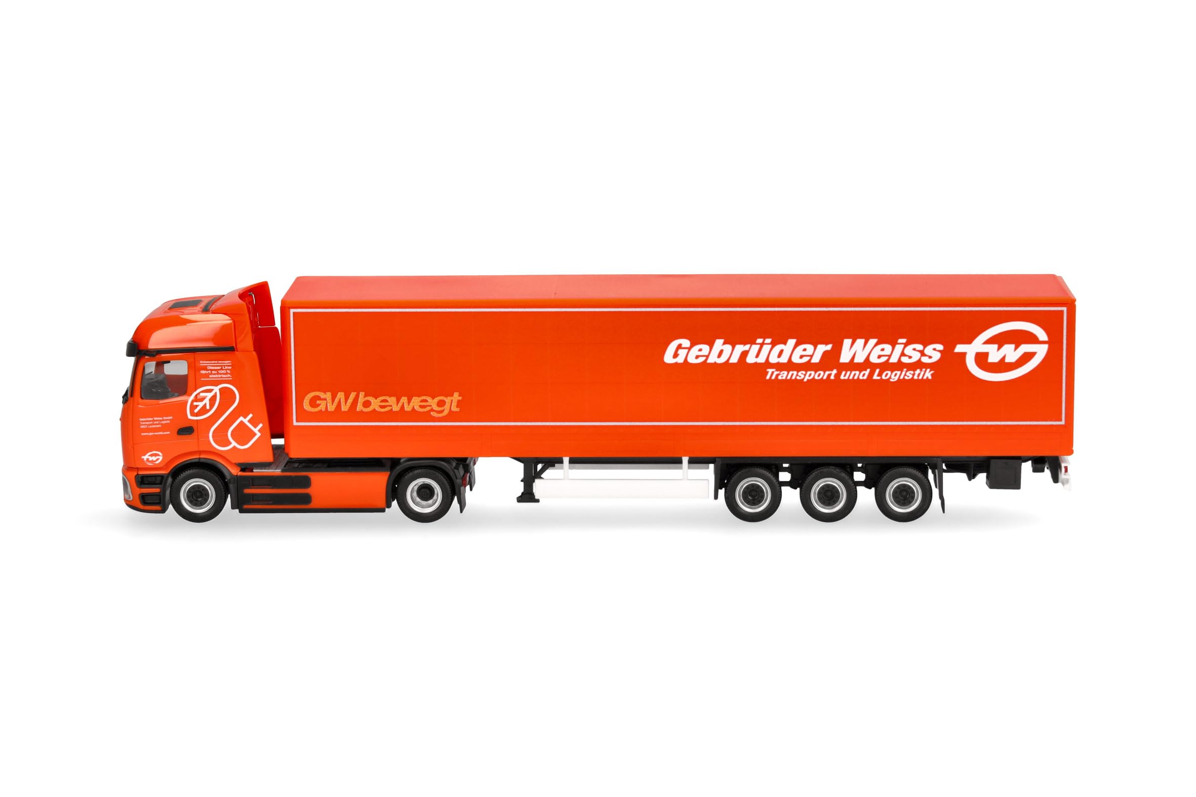 Herpa LKW Modell Mercedes-Benz eActros 600 ProCabin Bigspace Planen-Sattelzug Gebrüder Weiss (Österreich), Miniatur im Maßstab 1:87, Sammlerstück, Made in Germany, Kunststoff