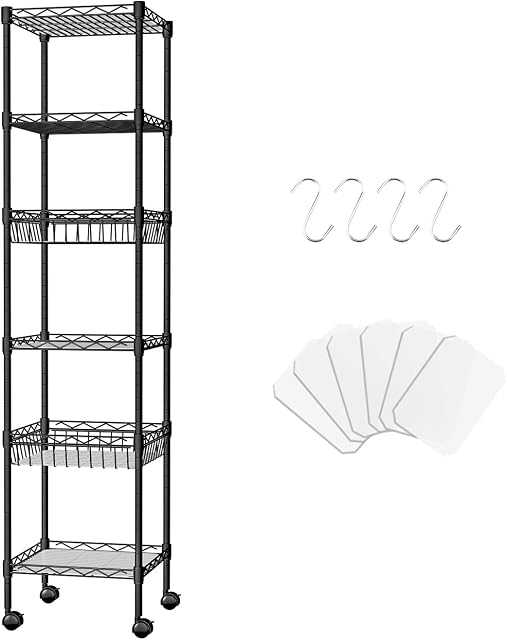 FTEYUET 6 Tier Wire Shelving Unit, Metal Standing Shelf Units Storage Shelves Rack Adjustable Heavy Duty Shelving Rack with Baskets for Kitchen Bathroom Laundry, Black