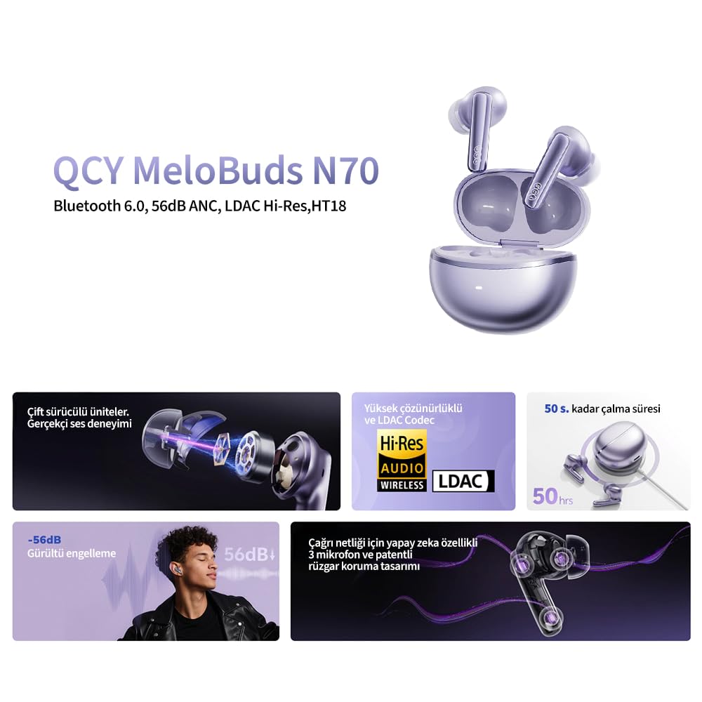QCY MeloBuds N70 Auriculares Bluetooth, audio Hi-Res, LDAC, 50 dB Hybrid ANC cancelación de ruido, 50 horas de duración de la batería, gris, in-ear, inalámbrico