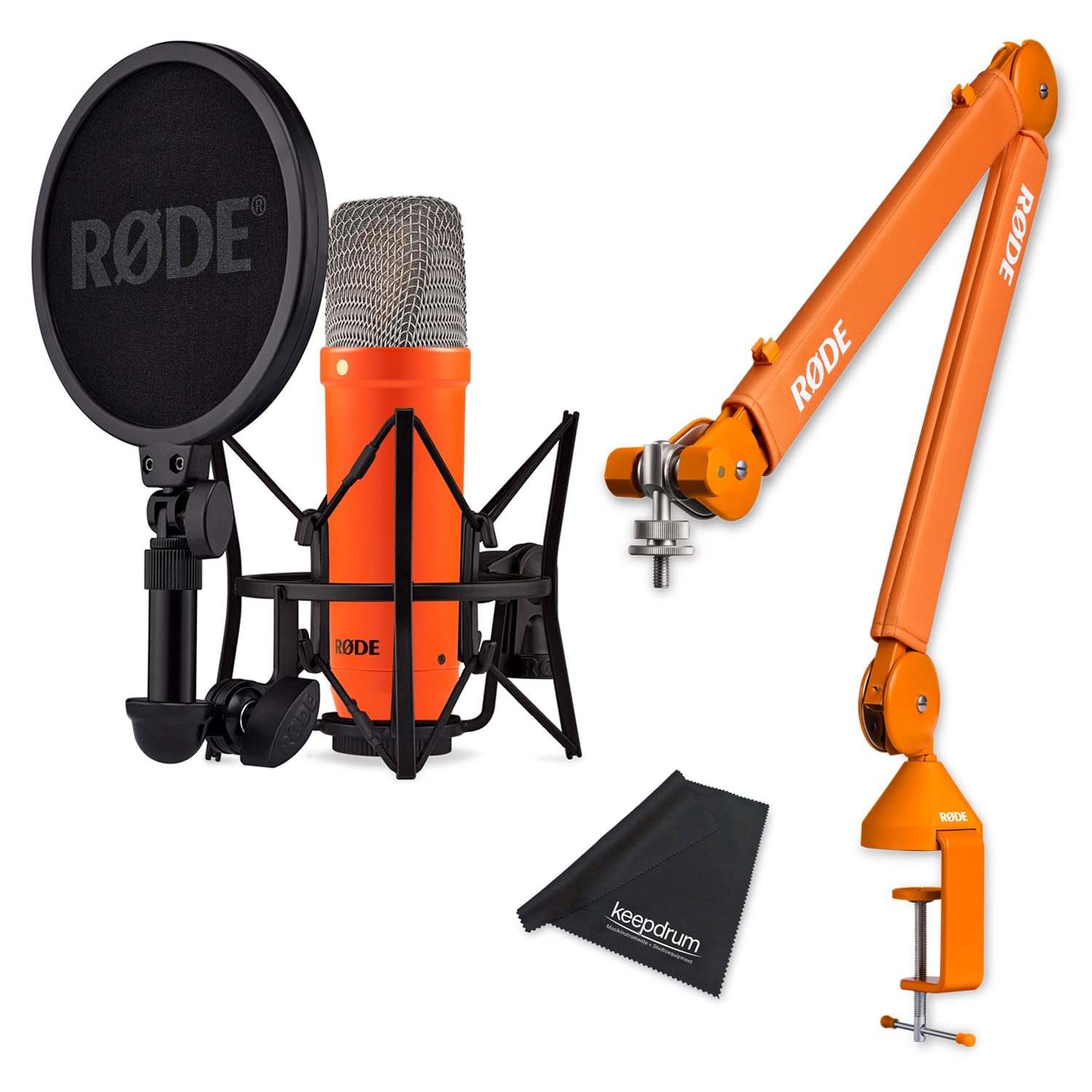 Rode NT1 Signature Studio-Mikrofon Orange mit PSA1+ Gelenkarm-Stativ Orange und keepdrum Mikrofasertuch