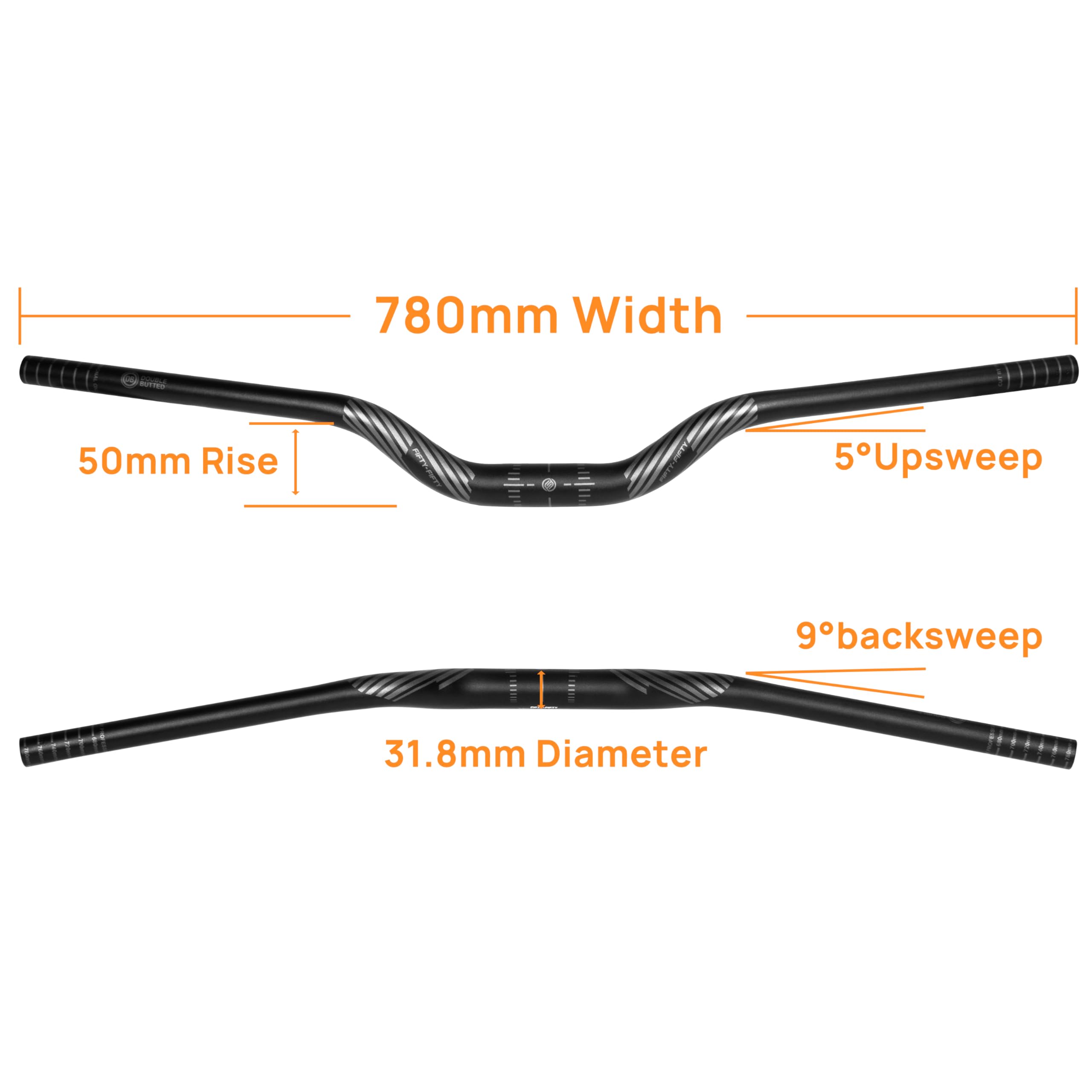 FIFTY-FIFTY MTB Kierownica 31,8 Riser, Kierownica z aluminium, Kierownica do roweru górskiego 31,8mm średnica 780mm szerokość (Czarny, 50mm Rise)