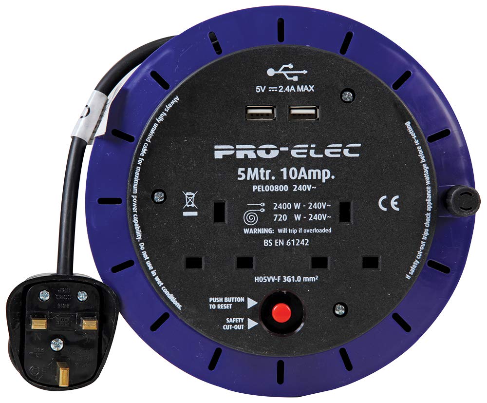 Pro Elec 2 Gang Mains Extension Cassette Reel With Usb, 10A, 5M