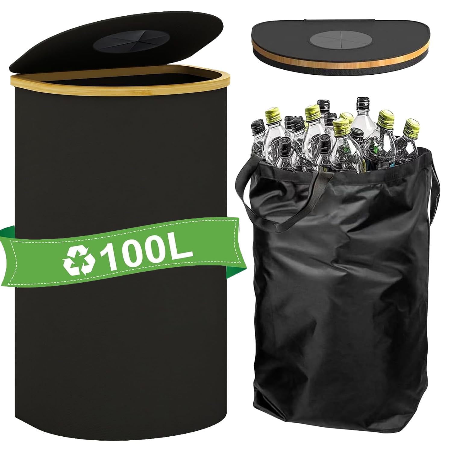 Colector de botellas con forma de D, 100 l, con agujero y tapa, para botellas de plástico, latas, botellas de vidrio (negro, forma D, 100 l para 30 botellas