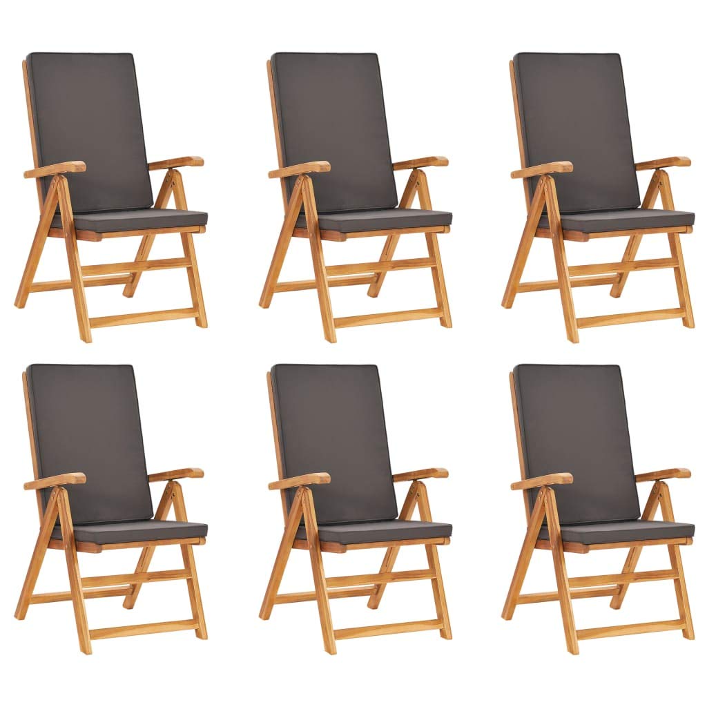 Set da pranzo da giardino in teak massiccio, grigio, con 6 sedie pieghevoli regolabili e cuscini confortevoli, foro per ombrellone, per terrazza e balcone