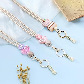 Badges Lanyard with ID Holder,Cute Wood Beaded Lanyard Teacher Keychain