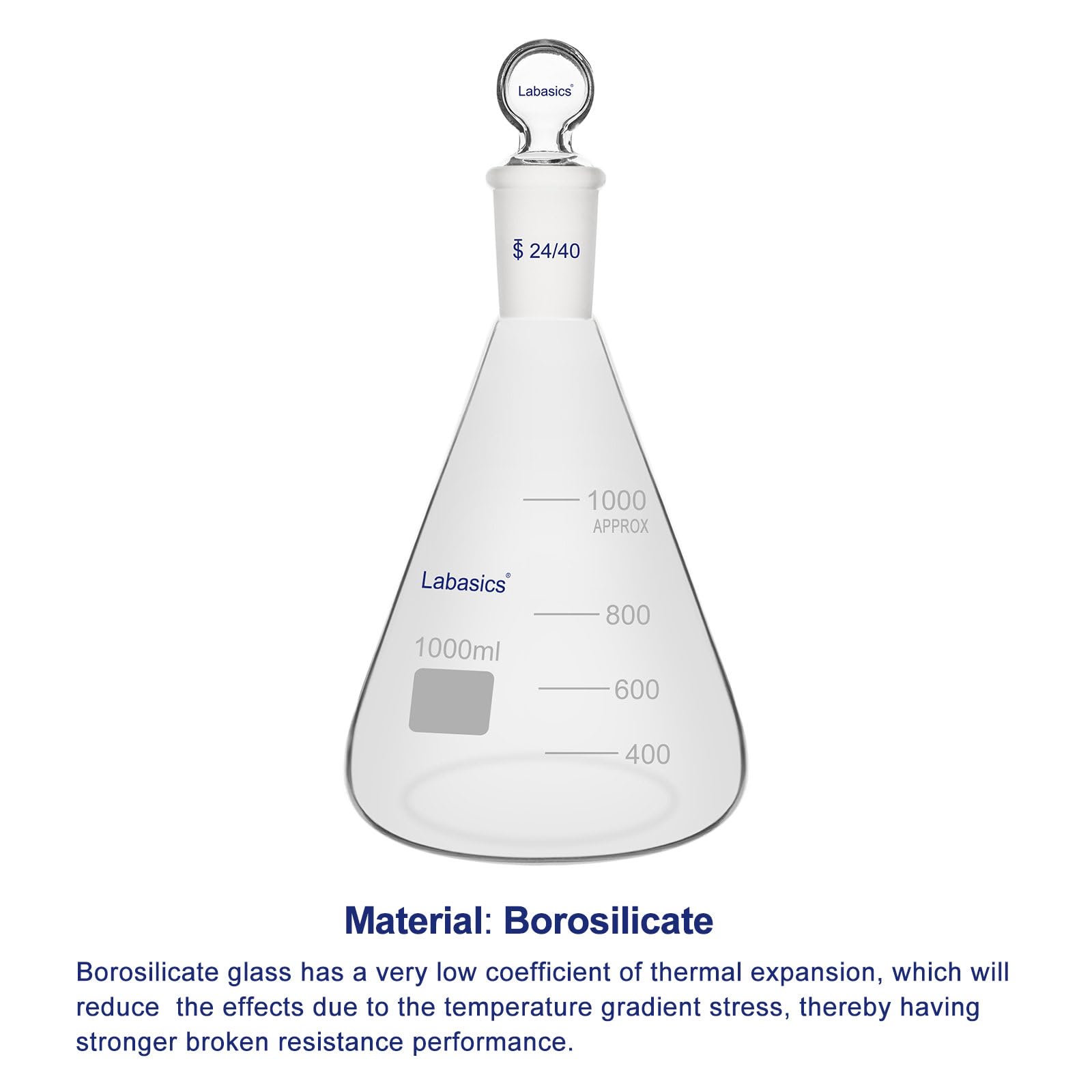 Labasics Matraz Erlenmeyer de Vidrio Borosilicatado con Tapón de Junta 24/40, Matraz Cónico para Mezcla y Almacenaje de Reactivos de Laboratorio, 1000 ml
