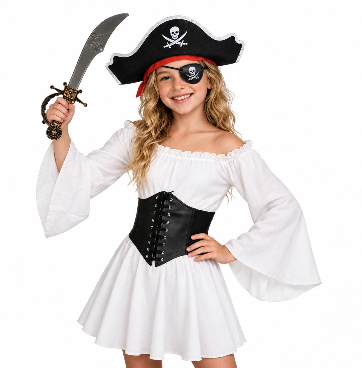 Kids Pirate Costume for Girls, White Off Shoulder Dress with Black Corset, Pirate Hat Eye Patch Set 5pcs, Halloween Carnival Cosplay Outfit
