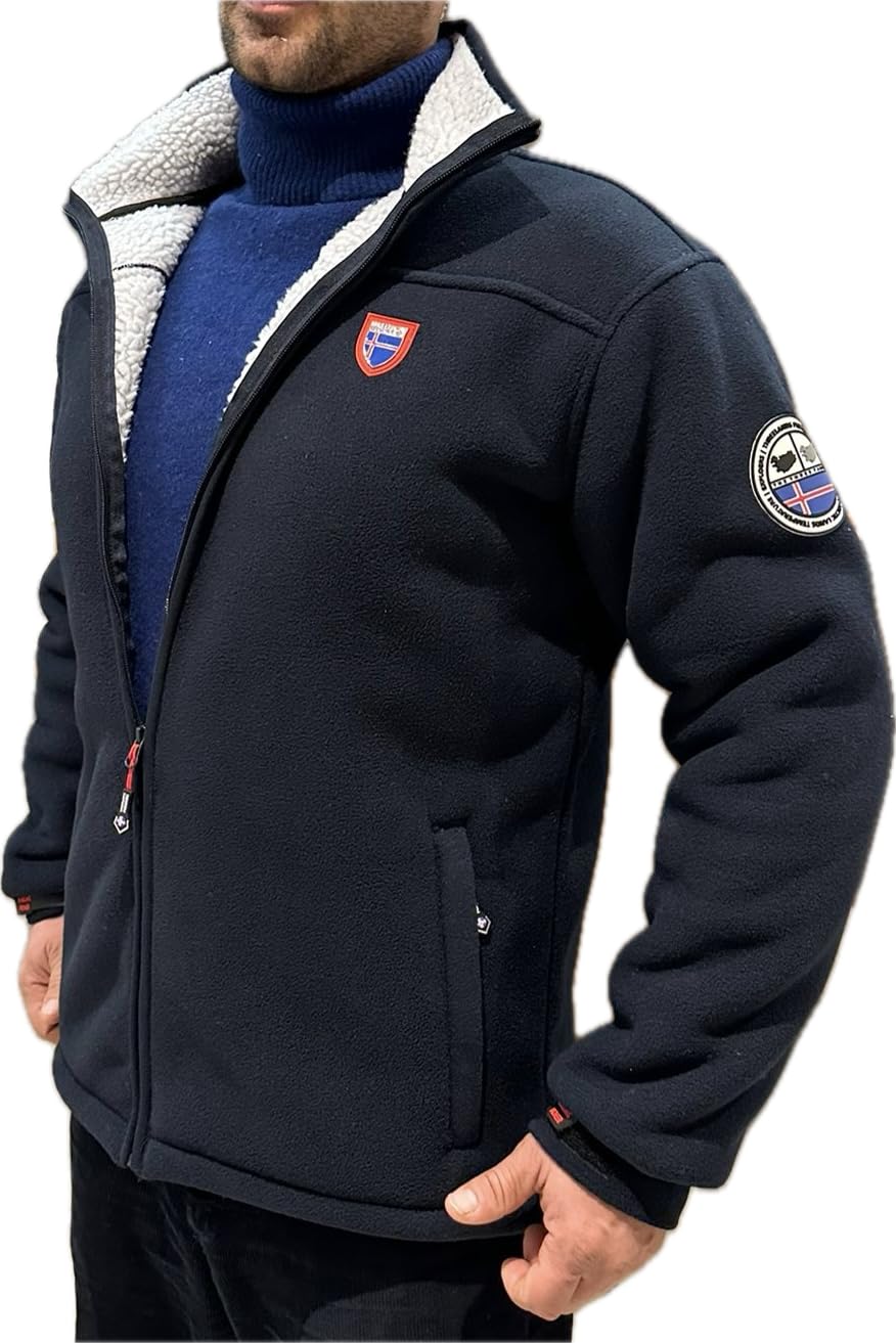 Giacca Invernale da Uomo in pile Imbottito di pelliccia ecologica, cappotto con zip elegante e Fodera calda, blu e nero DEFENDER