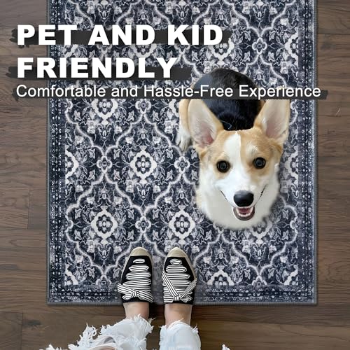 KILOCOCO 5x7 Area Rug, Moroccan Super Soft Washable Living Room Vintage Rug, Non-Slip Large Print Faux Wool Throw Indoor Rug for Entryway Bedroom Office Carpet, Black/Navy Blue White