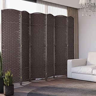 Room Divider Privacy Screen Wall Divider 6 Panels Folding Portable Wood Mesh Hand-Woven Design Room Divider Screen(Brown)