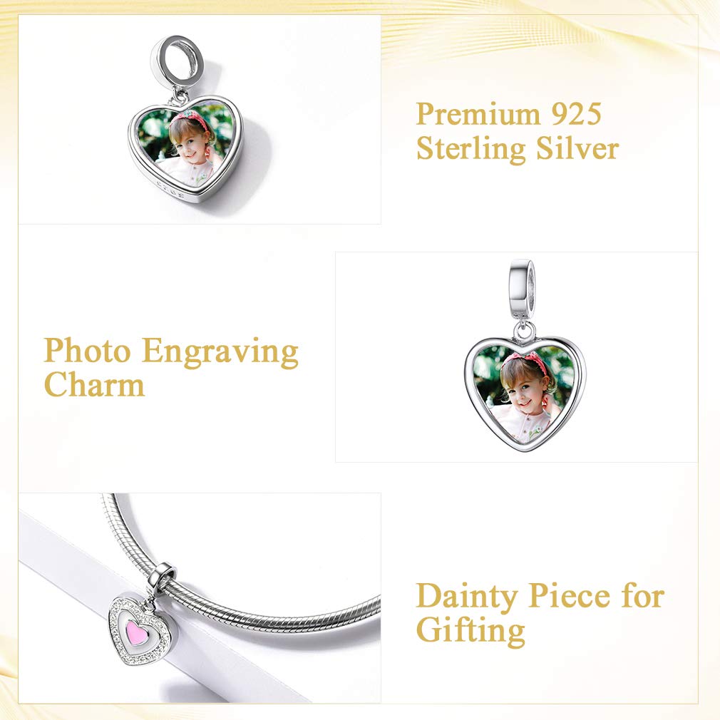 Custom4U Charme Coeur Personnalisable Charm Argent avec Photo Gravé Breloque pour Bracelet Bijoux Cadeau Personnalisé Maman Fille