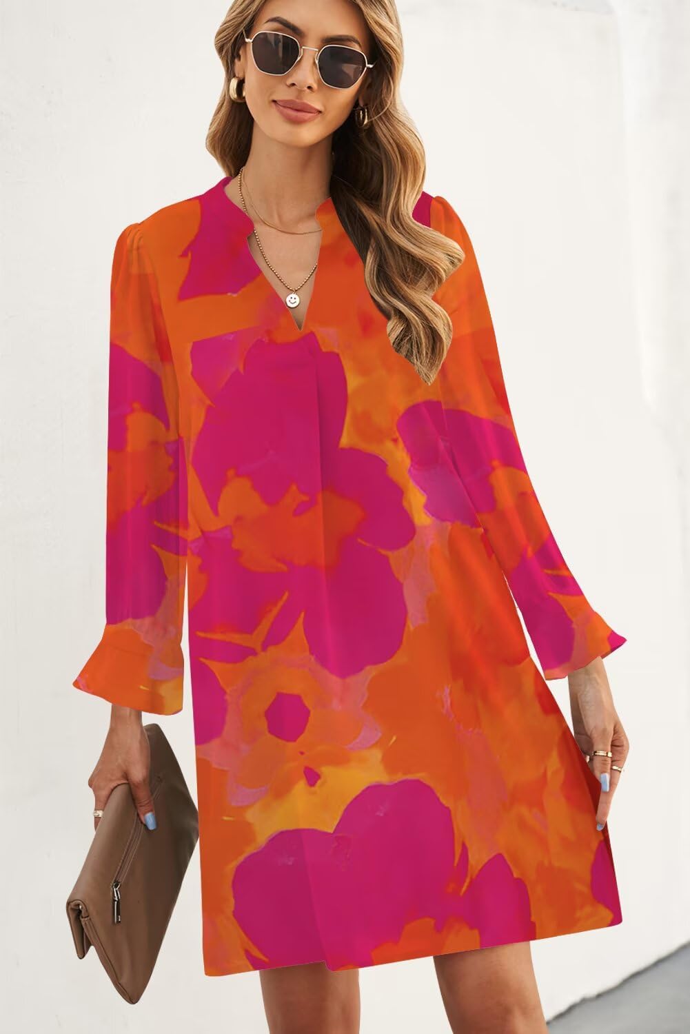 QACOHU Fall Dresses for Women 2026 Casual V Neck Long Sleeves Flowy Mini Tunic Dress - Image 4