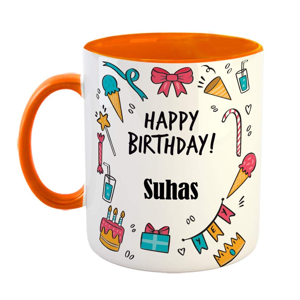 FurnishFantasy Ceramic Coffee Mug - Best Gift for Happy Birthday Mug , Color - Orange, Name - Suhas