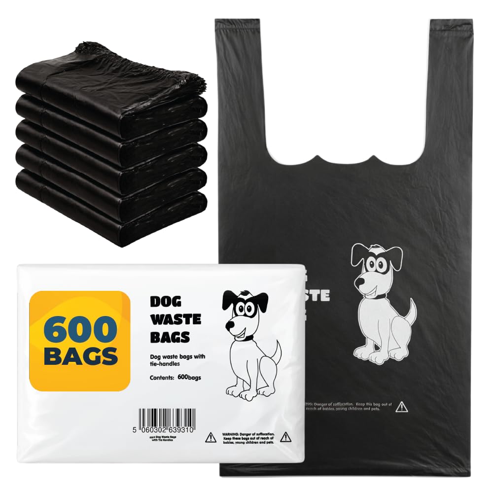 600 x Dog Poo Bags (DogPoop/Bag-Waste Bags) Black Tie Handle