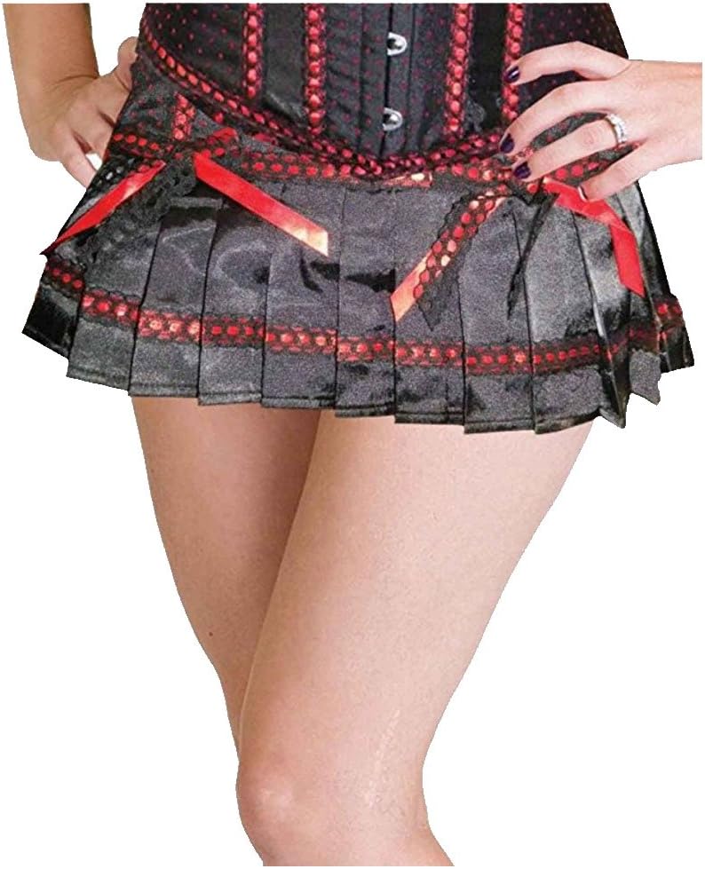 Satin PLEATED MICRO-MINI SKIRT in Black Satin with RED RIBBON