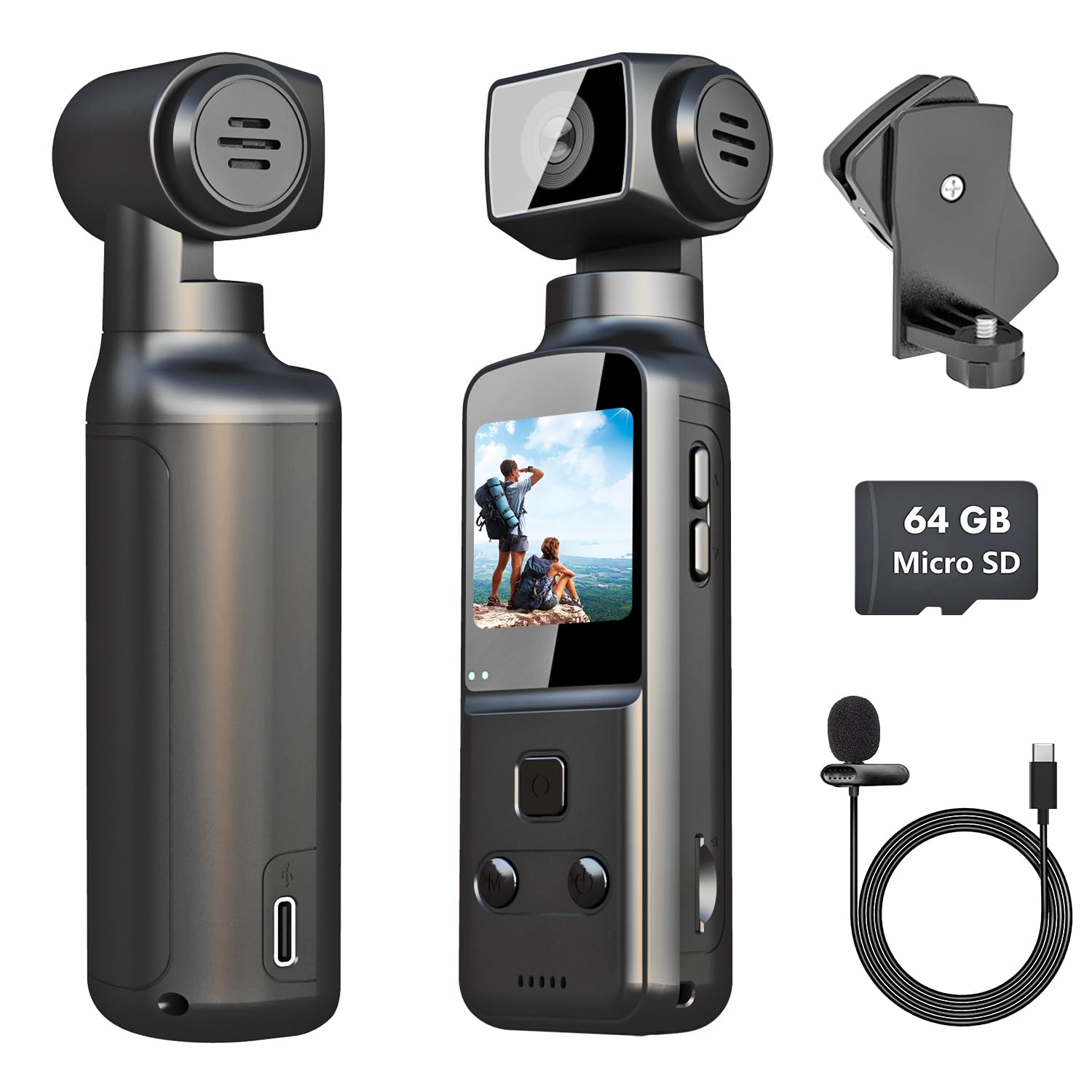 4K Body CAM, Camara Vlog/POV con Lente Giratoria de 270°, Cámara Corporal/Deportiva con Micrófono Externo, Clip, Tarjeta TF de 64 GB