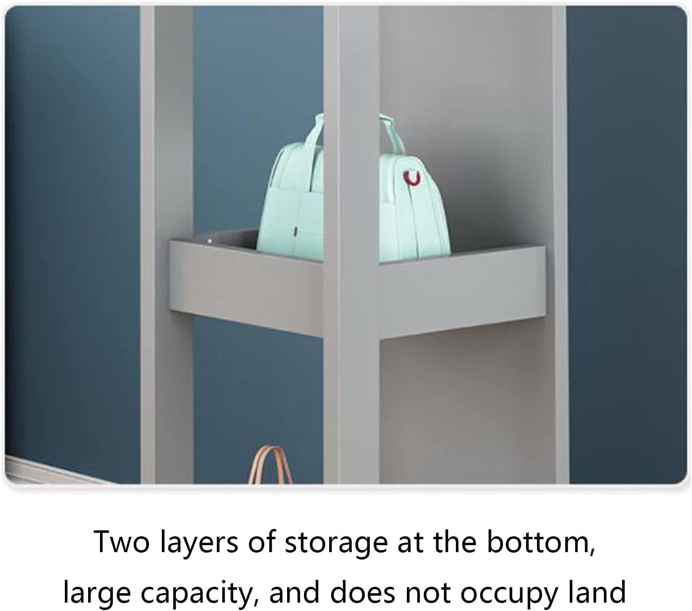 Floor-Standing Solid Wood Rotating Coat Rack，360° Swivel Floor Mirror with Storage Shelf – Gray Standing Garment Coat Rack for Bedroom, Living Room, Fitting Room – Stylish & Functional Cloth