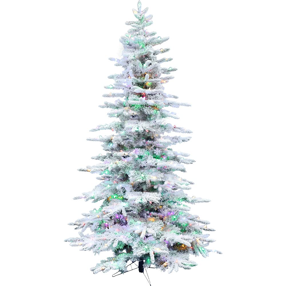 Fraser Hill FarmPine Valley Flocked Christmas Tree, 6.5 Feet Tall | Artificial Xmas Tree with Smart Multi-Color Clear LED Lights | Remote Control Lights | Easy to Connect and Set Up | FFPV065-6SN