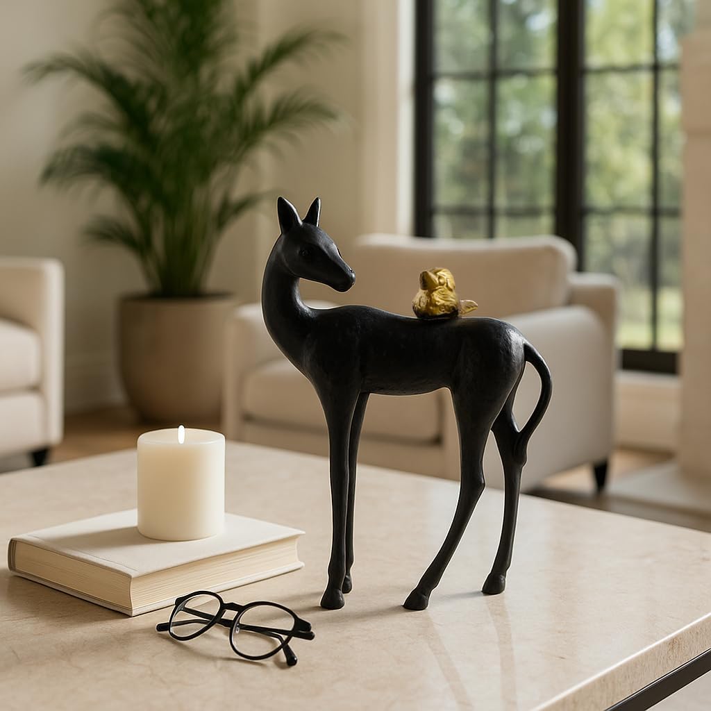 Elegant Horse Sculpture with Bird Accent for Home Decor - Perfect Ornament Figurine for Bathroom, Office, or Shelf - Decorative Sculpture for Coffee Table or Living Room Decor - 11", Black & Gold