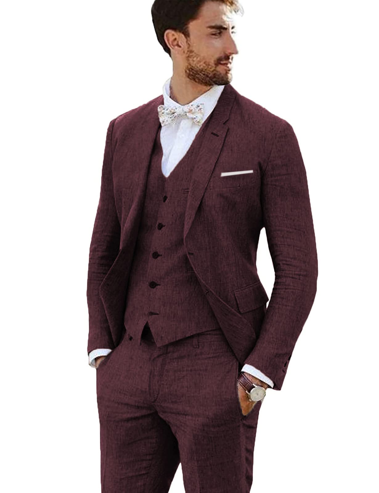 Furuyal Completo di lino 3 pezzi vintage retrò abiti da ballo di fine anno giacca slim fit blazer sposo smoking