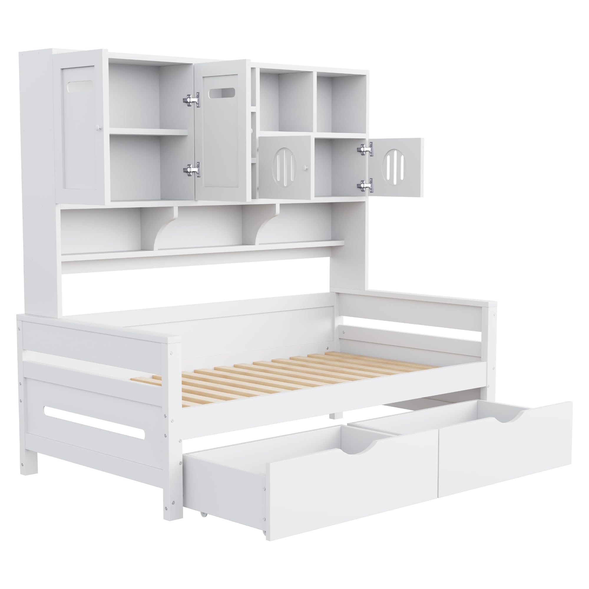 Sofá cama de madera, 90 x 200 cm, almacenamiento multifuncional, cama infantil, cajón grande, cama individual, cama juvenil, somier (sin colchón) (blanco)
