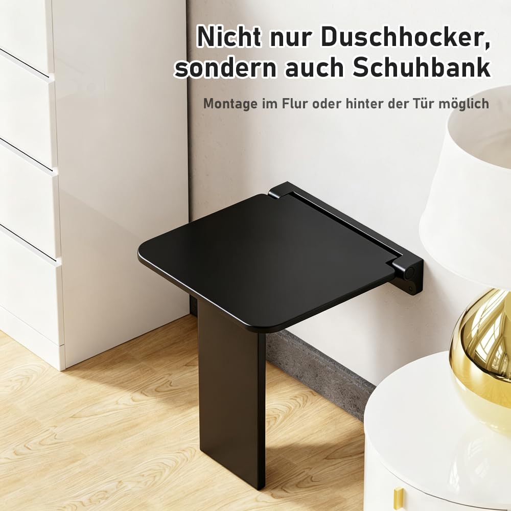 Duschsitz Klappbar Wandmontage,Duschhocker Klappbar mit Dämpfung,40x34.5cm Hocker belastbar bis 200 kg,Badezimmerhocker platzsparender Wandduschhocker für Badezimmer Renovierung&Neubau,Schwarz
