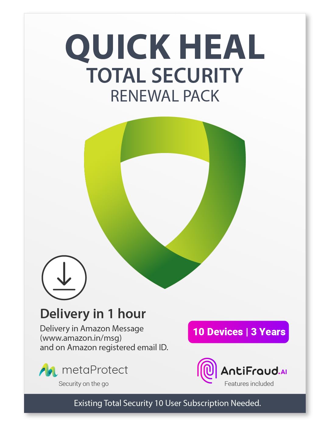 Quick Heal Total Security Renewal Upgrade Gold Pack - 10 Users, 3 Year (Single Key) (Email Delivery In 1 Hour- No Cd)- Existing 10 User Subscription Needed