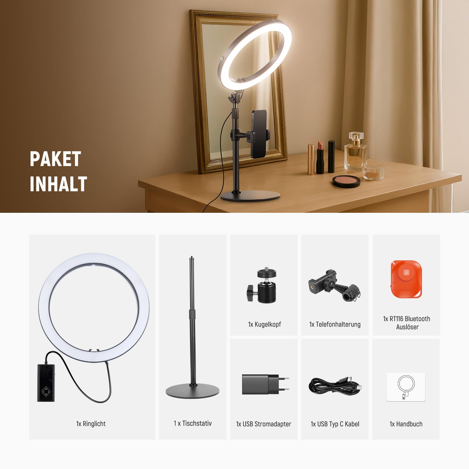 NEEWER 12" 24W Hochleistungs Desktop Ringlicht mit Stativ/Handyhalterung, LED Konferenz Selfie Licht für Videoanrufe, Make Up, Streaming, Vlogging, Zoom Meetings und Podcasts, RH12B