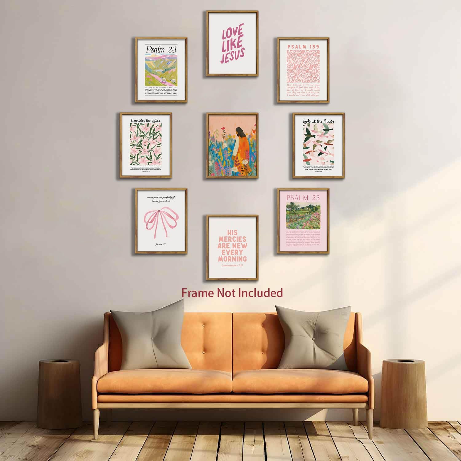 BingruiArt 9Pcs Christian Wall Art Pink Bible Verse Posters Jesus Canvas Retro Psalm 23 Scripture Vintage Christ Artwork Religious Poster Pictures Prints for Living Room Bedroom 12x16in Unframed