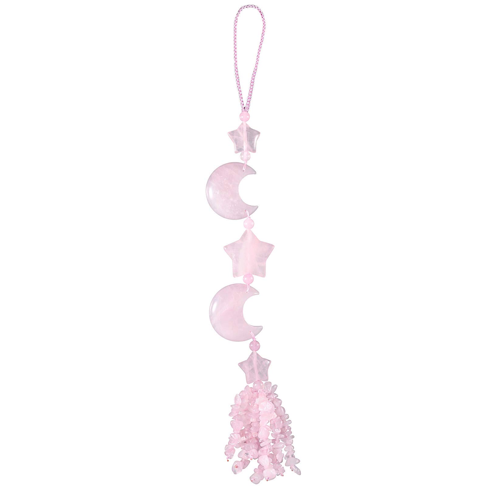 mookaitedecor Rose Quartz Healing Crystal Moon and Star Hanging Decoration for Car Window Lucky Crystal Wall Art Hanging Pink Bedroom Decor Reiki Spiritual Star Moon Ornament Gift for Women Friends