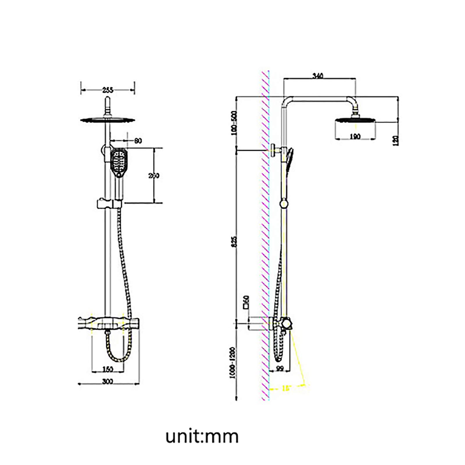 Sistema Doccia a Pioggia, Set Rubinetto termostatico Nero, Miscelatore Combinato in Ottone a Parete con Testa Rettangolare, doccetta a 2 modalità, Waterf