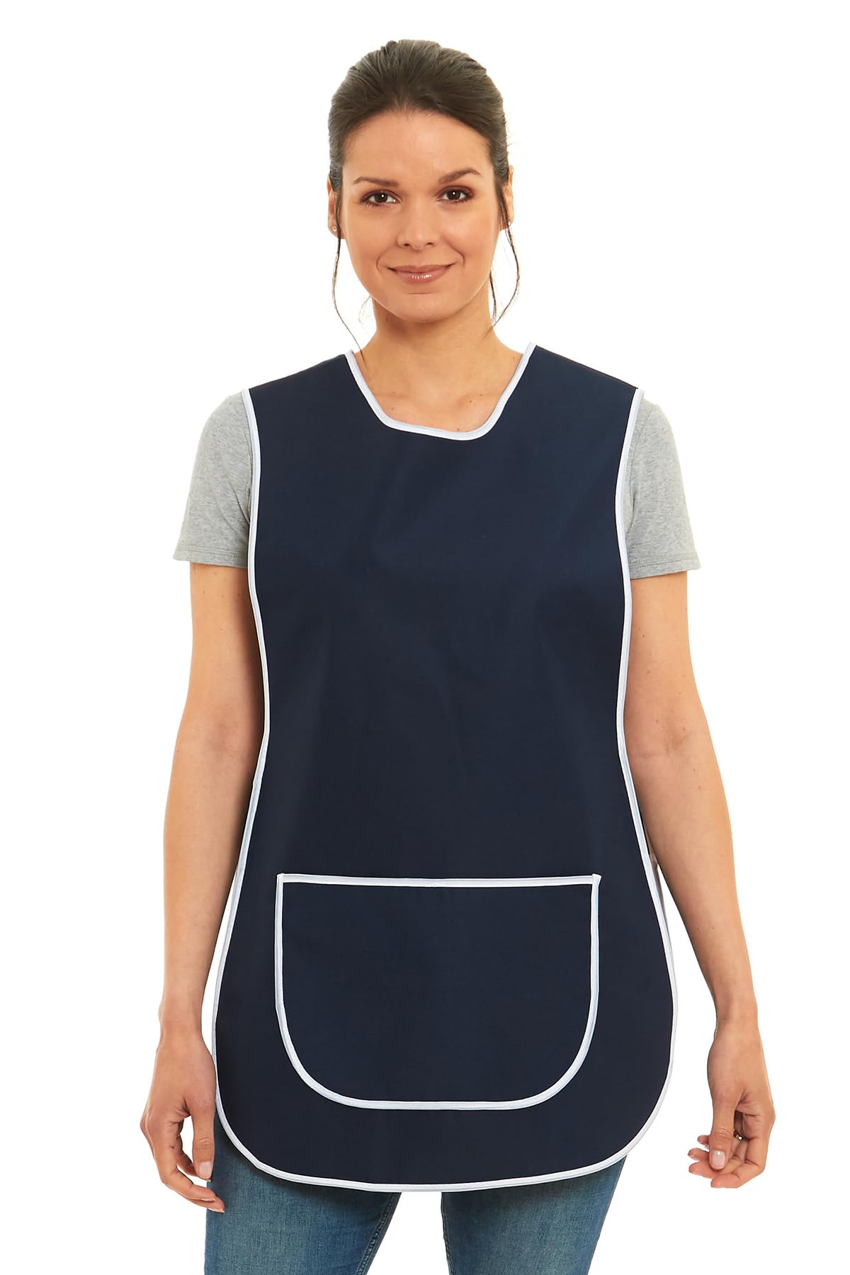 Ladies Plain Tabard with White Piping Apron Overalls Front Pocket Stylish Tabards for Women Casual Aprons for Women Home Kitchen Restaurants Coffee Shops UK Made (Navy, M)