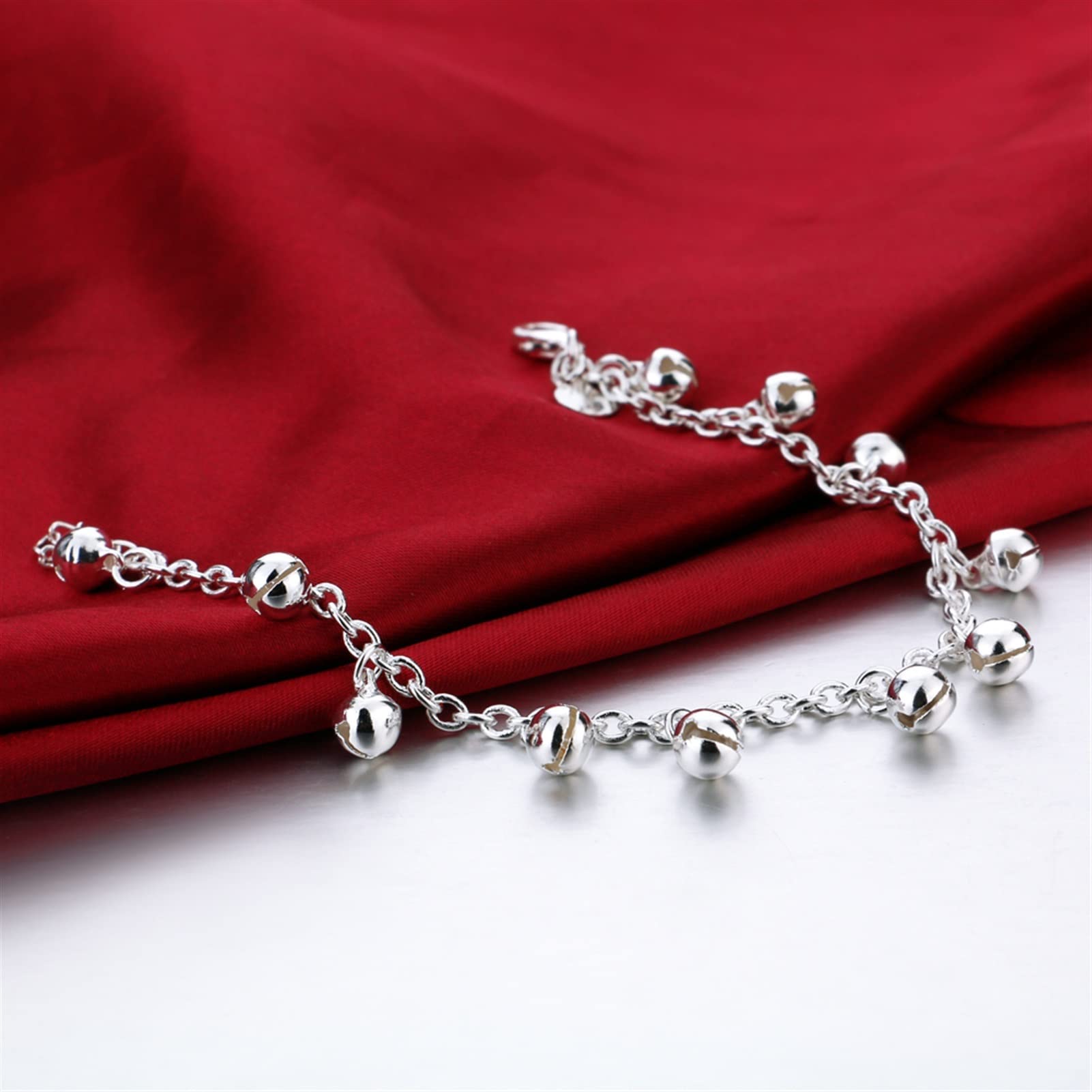 Braccialetti alla caviglia Moda Ragazza carina Cavigliere a campana Donne Catene in argento massiccio 925 Contratte Cavigliere a sfera da 26 cm. Cavigliere da donna con gioielli in argento s