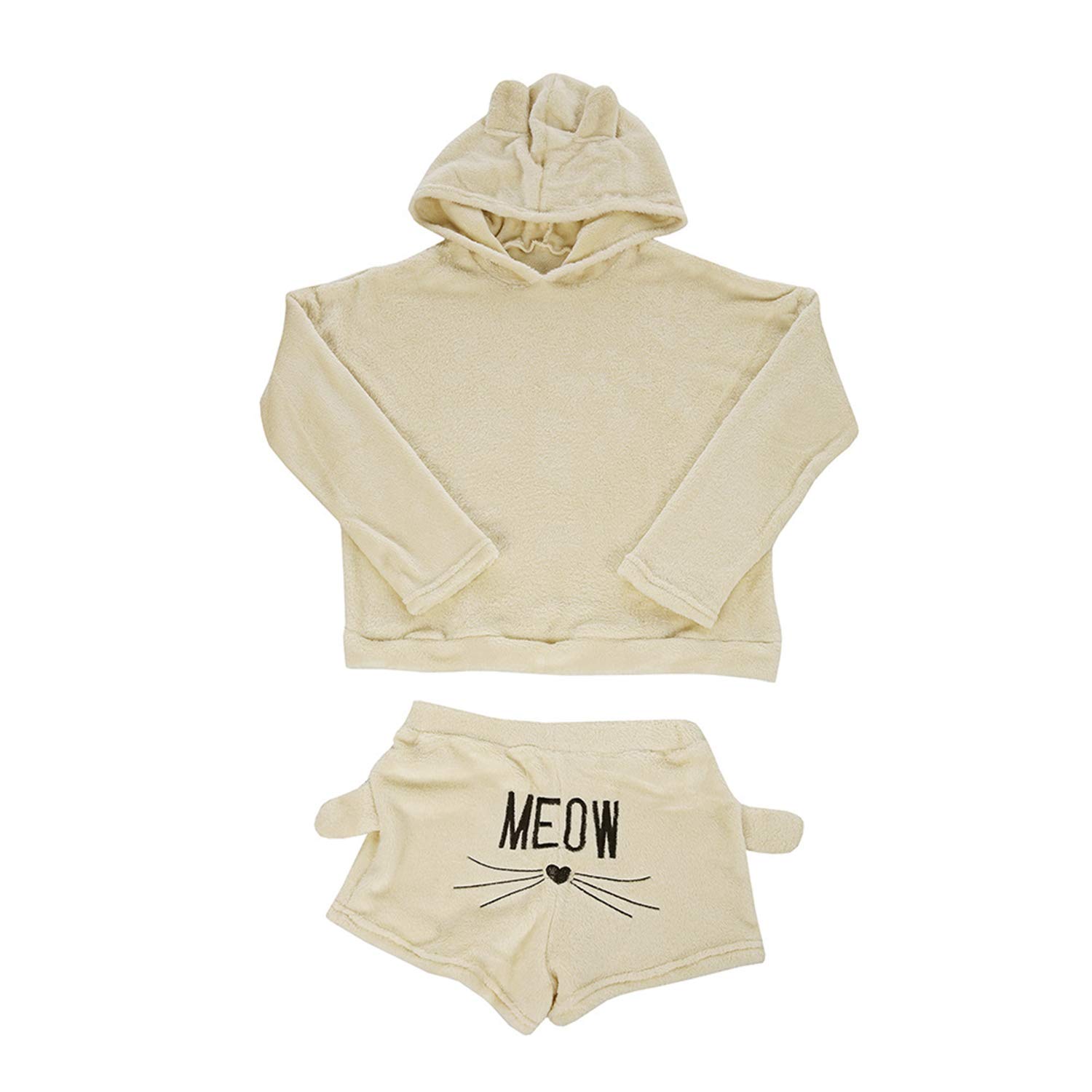Damen Mädchen Schlafanzug Winter Zweiteilige Set Katze Meow Nachtwäsche Warme Bademantel Hosenanzug