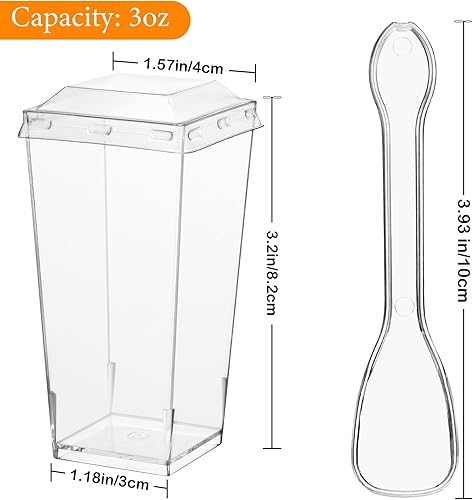 Miniatura 2 de Paquete de 100 mini tazas de postre de 3 onzas con tapas y cucharas, tazas cuadradas altas de plástico para parfait para fiestas, pequeños vasos de