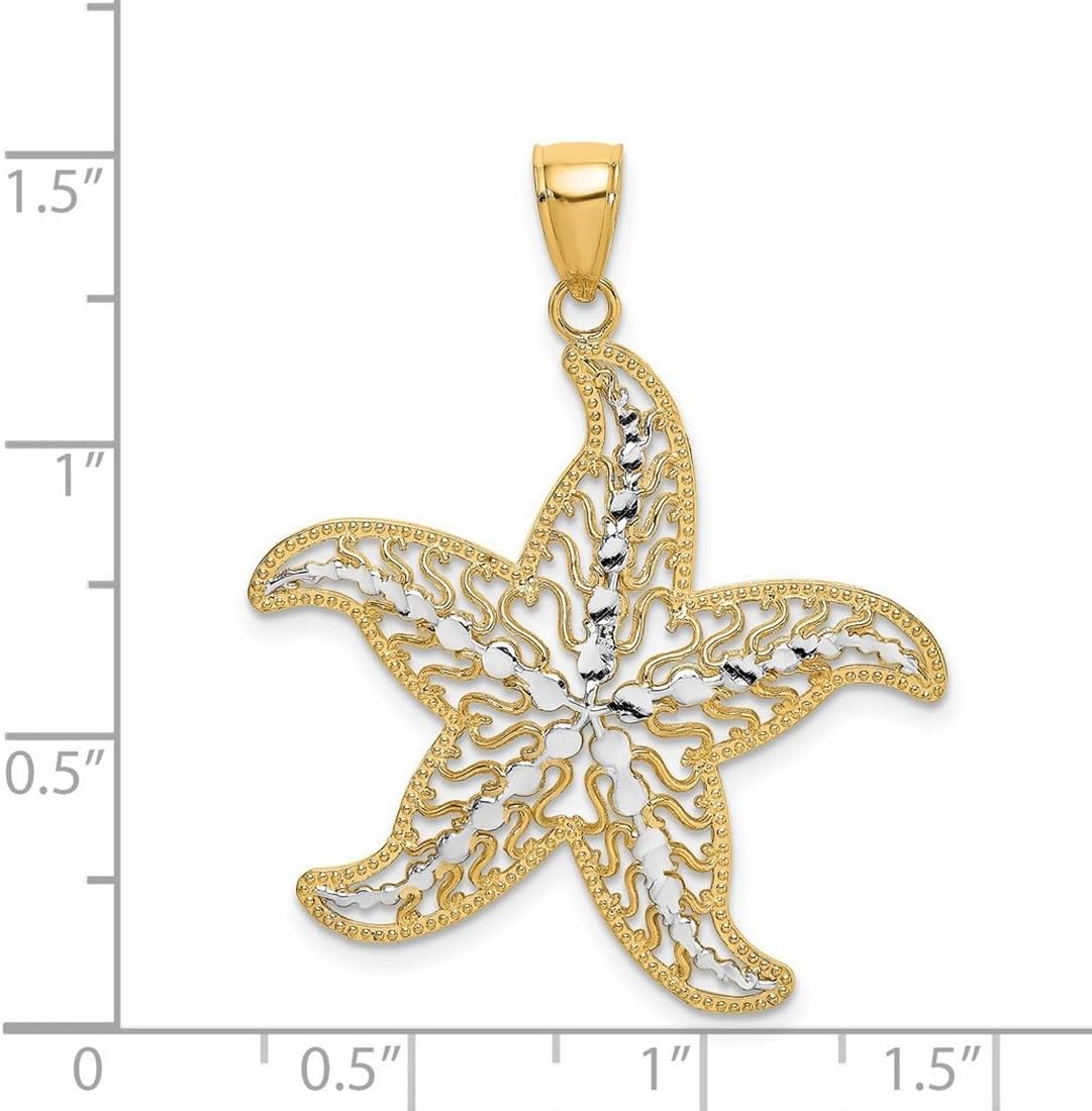 JewelryWeb 32mm 14k Two-tone Gold Sea shell Nautical Starfish With White Center Cut-out Filigree Charm Pendant Necklace for Women - Image 2