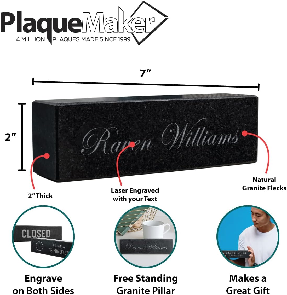 Personalize Black Granite Nameplate - Offered in Two Sizes- A Great Gift to Celebrate A New Job, Promotion, Graduation or New Office (7 x 2 x 2)