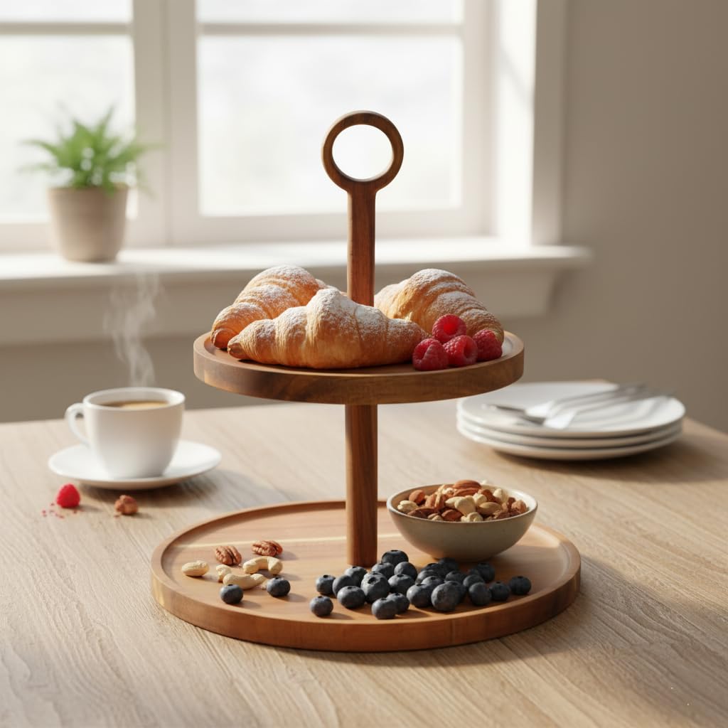 Deconox Doğal Akasya Ağacından Ahşap 2 Katlı Kurabiyelik ve Servis Tabağı | Sunum Standı | Çap: 18 cm, Yükseklik: 25 cm | Doğal ve Şık