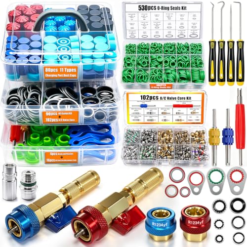 Image of Taiss 7 Set Car A /C Repair Kits,R134A Valve Core Remover Installer Tool+A /C Valve Core +O-Ring Seals Kit+Valve Core Caps+A /C Compressor Seal Washers+AC Fuel Line Disconnect Tool +Remove Tool(837PCS)