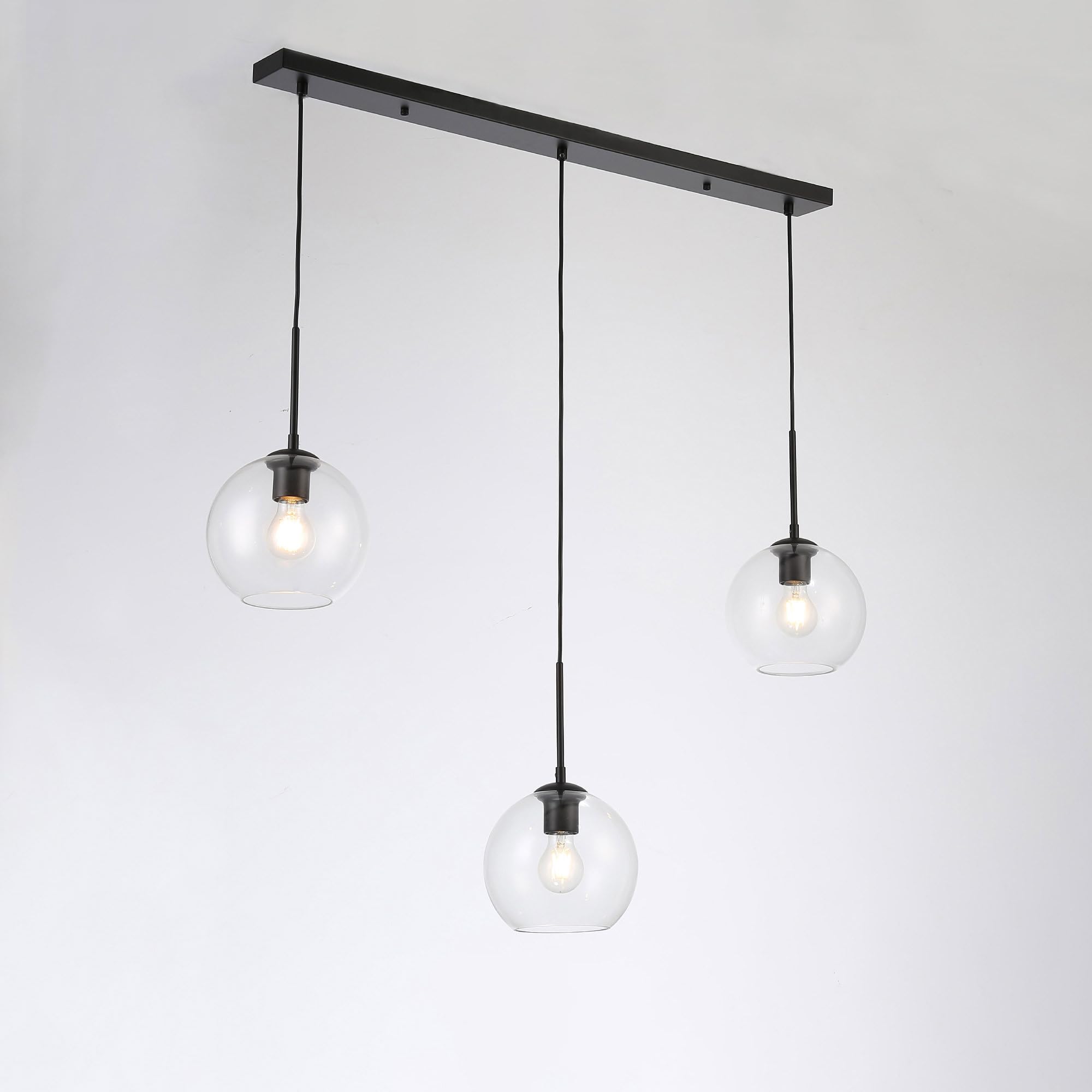 Suspension triple E27 à 3 lumières Negrotriple, design industriel vintage moderne, sphères en verre transparent, hauteur réglable, idéale pour salle à manger, salon, îlot de cuisine et chambre