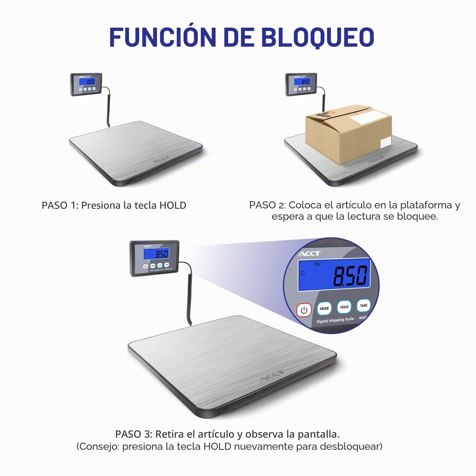 Básculas para correo ACCT, 400 lb/180 kg, báscula postal con función de retención/tara, Bascula Industrial para paquetes/mascotas/equipaje/oficina, peso maletas viaje, pilas y cable USB incluidos