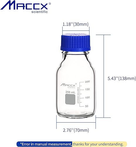 Miniatura 5 de Botellas redondas de vidrio de 8.5 onzas (8.5 fl oz), botella de vidrio de borosilicato resistente con tapa de rosca GL45, paquete de 6,