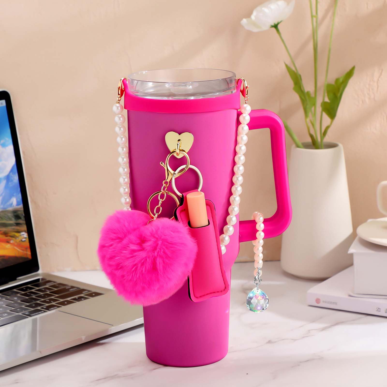 Stanley Tumbler Accessories Kit - Silicone Handle With Pearl Strap, Lipstick Holder, Pompom Keychain For 30oz & 40oz Cups (Rose Red)