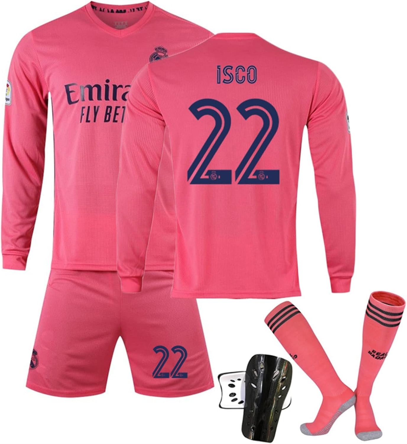 サッカースーツ 21年サッカージャージ 子供用大人用サッカーユニフォーム レアルマドリードサッカークラブ イスコ 背番号22 Isco 21 レアルマドリードアウェイno 22 Iscoピンク長袖ジャージースーツ 靴下と保護具付き 上下セットジャージとソックスサッカージャージ T