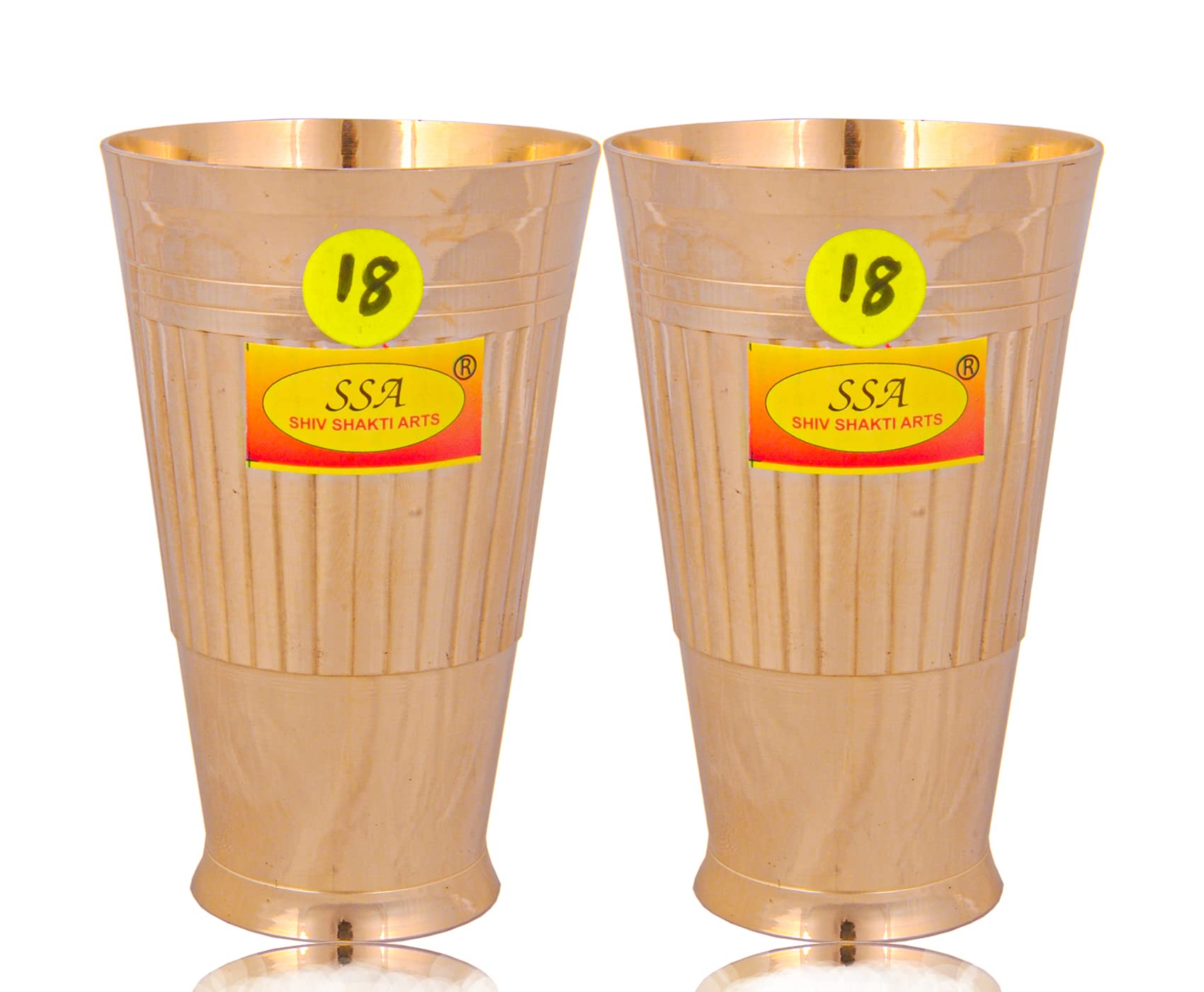 Shiv Shakti Arts Heavy Gauge Line Design Pure Brass Glass - (2 Pieces Set, Big - 450 Ml Each Glass - No.18)