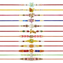 SATVIK 12 Pc Rakhi Set for Brother with Roli Chawal, Greeting Card & Sita Ram Stickers, Assorted Colors and Designs
