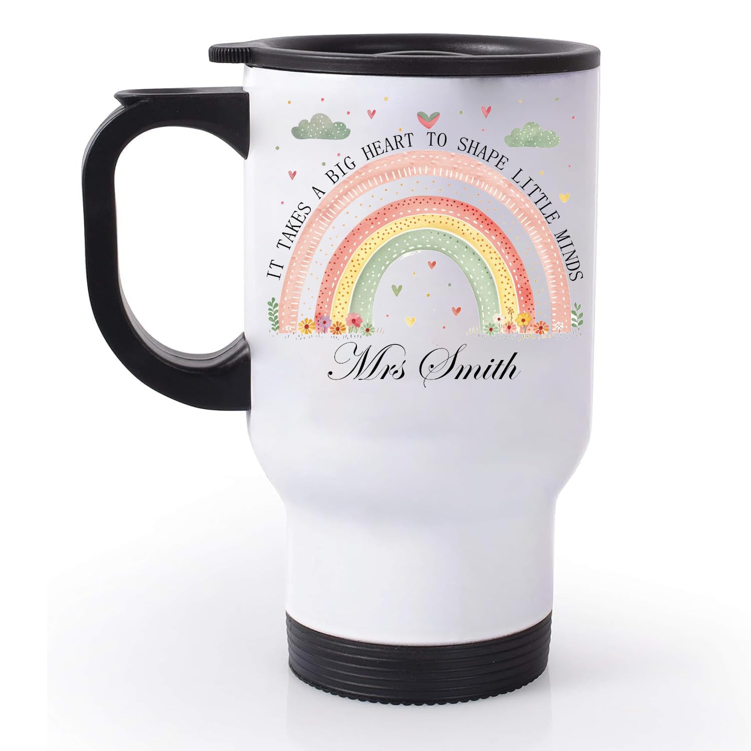 EKAM Personalised Teacher Travel Mug βIt Takes a Big Heart to Shape Little Mindsβ End of School Year Teacher Gift Customise with Teacherβs Name - 14oz Stainless Steel Travel Mug Gift for Teachers