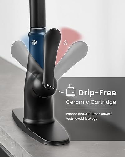 Vista 122 de APPASO Grifo de cocina cuadrado con filtro, grifos de fregadero de 3 vías negro mate con rociador extraíble, 2 modos, arco alto, moderno, 2 asas