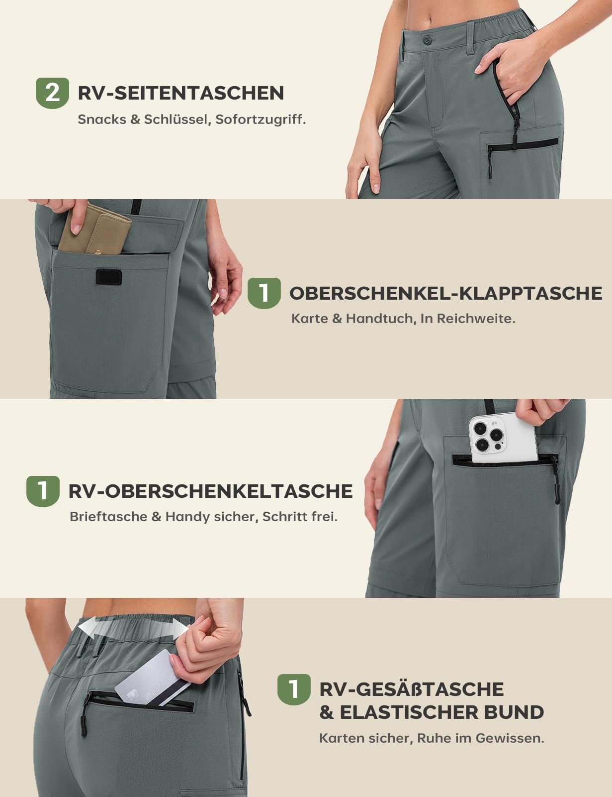 Cycorld Pantalones de Senderismo para Mujer, Convertible Secado Rápido Stretch Ligero Cremallera Fuera Pantalones con 5 Bolsillos Profundos